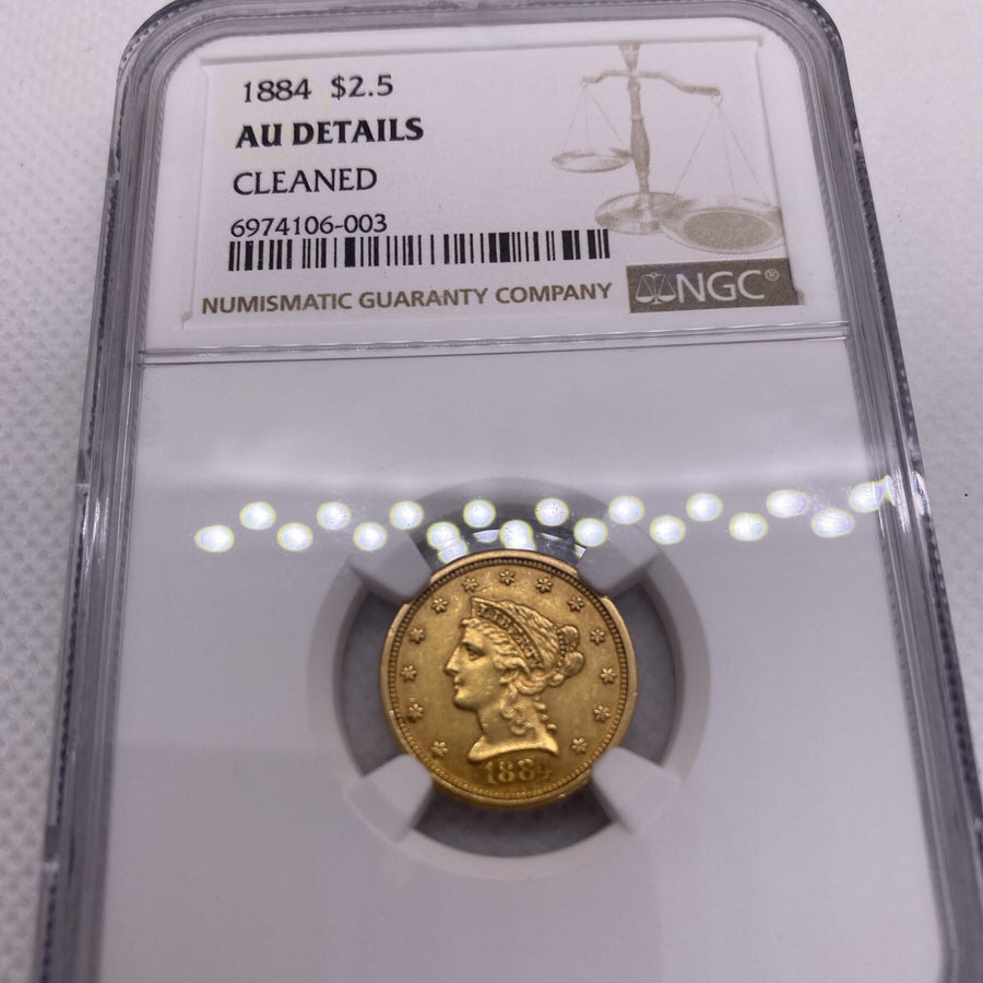 1884 $2.5 Gold Coin NGC AU Det. RARE DATE LOW Mintage Of Only 1950