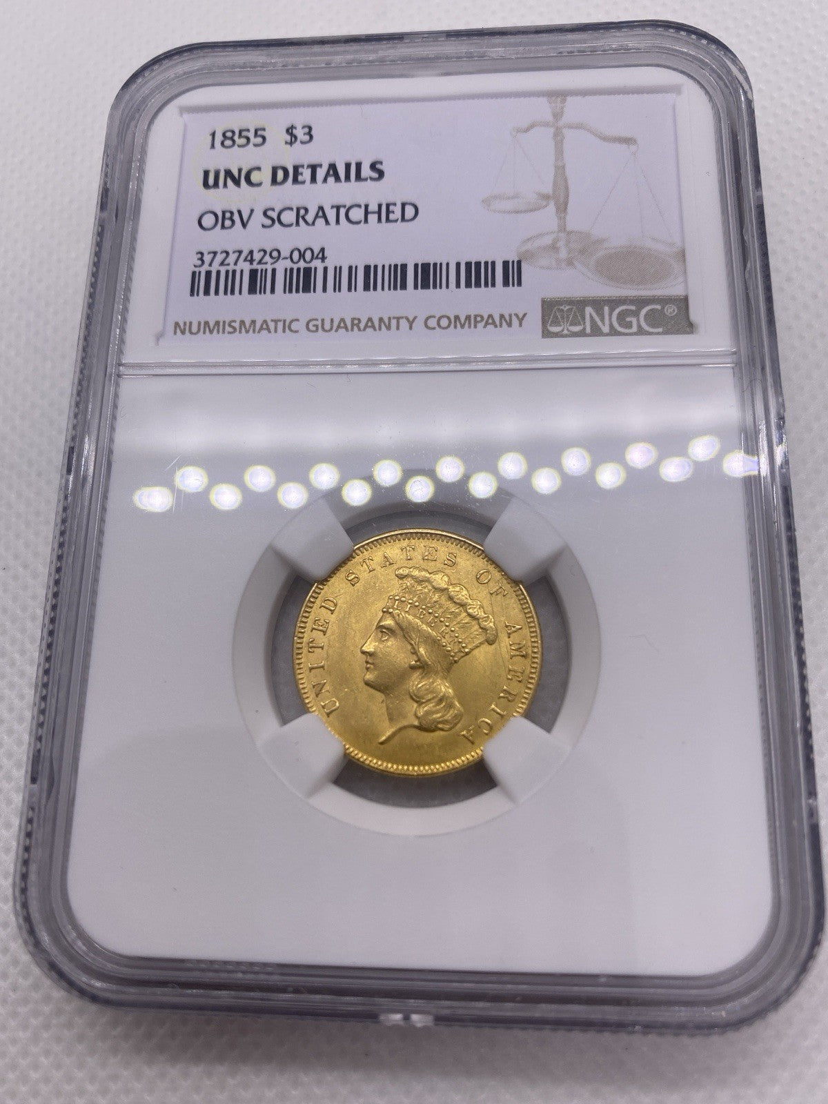 1855 $3 Three Dollar Gold Coin NGC UNC Beautiful Original Early US Gold Rare