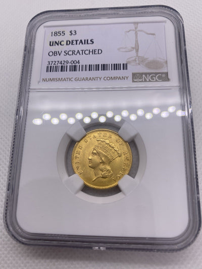 1855 $3 Three Dollar Gold Coin NGC UNC Beautiful Original Early US Gold Rare