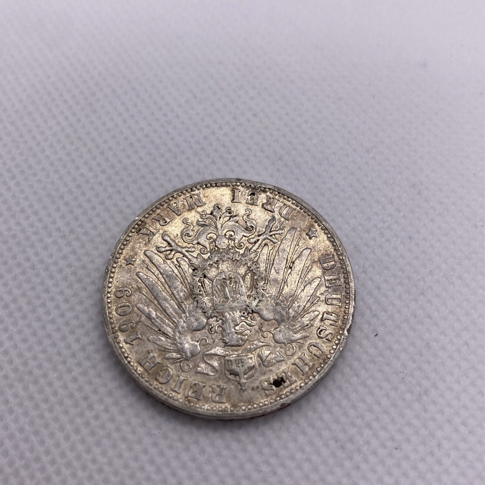 1909 F 3 Mark GERMAN States WURTTEMBERG WILHELM II 90% Silver Coin RARE #56644