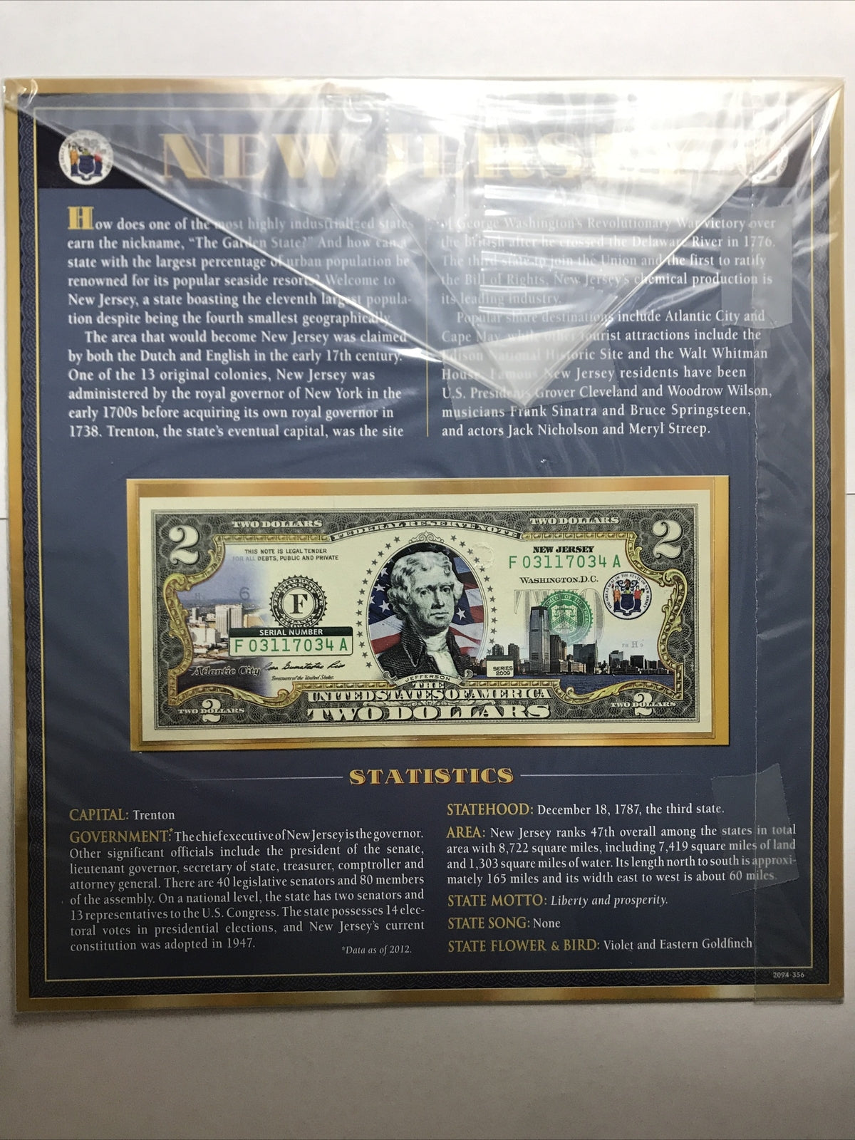 COLORIZED $2 NOTE SET NEW JERSEY and NEW MEXICO GENUINE LEGAL TENDER