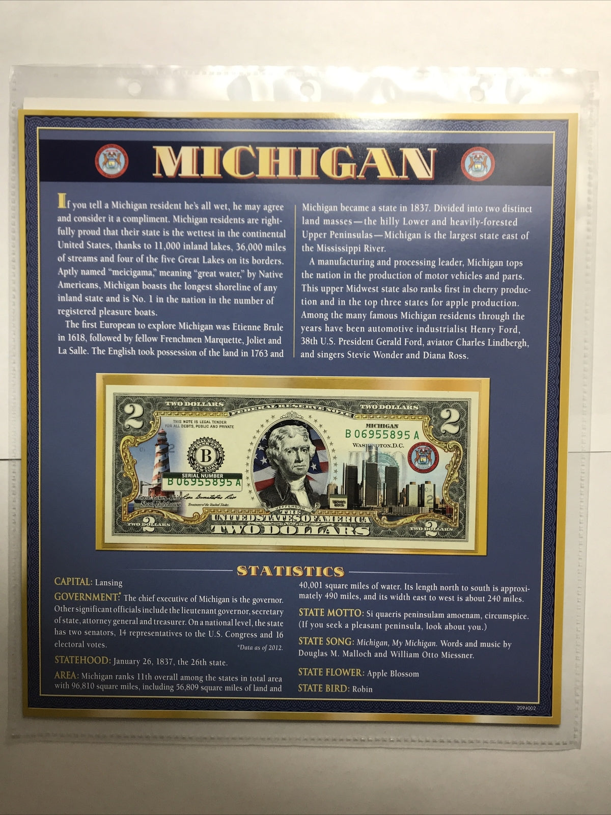 COLORIZED $2 NOTE SET ALABAMA and MICHIGAN GENUINE LEGAL TENDER