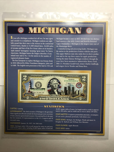 COLORIZED $2 NOTE SET ALABAMA and MICHIGAN GENUINE LEGAL TENDER
