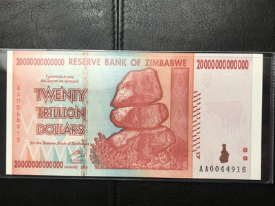 2008 20 Trillion Zimbabwe Dollars Banknote UNC 100 Trillion Series Low Serial #