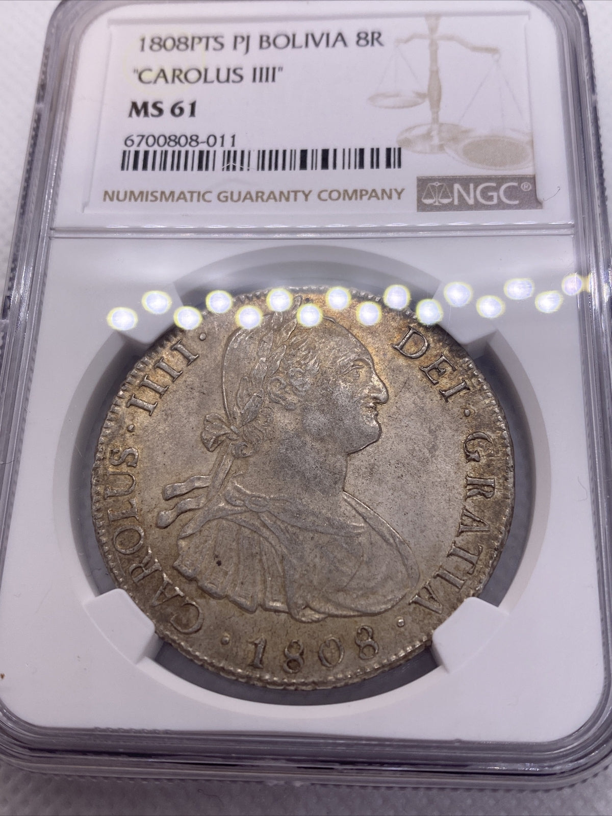 1808 PTS PJ SILVER CHARLES IIII 8 REALES BOLIVIA NGC MS-61 VERY RARE UNC COIN