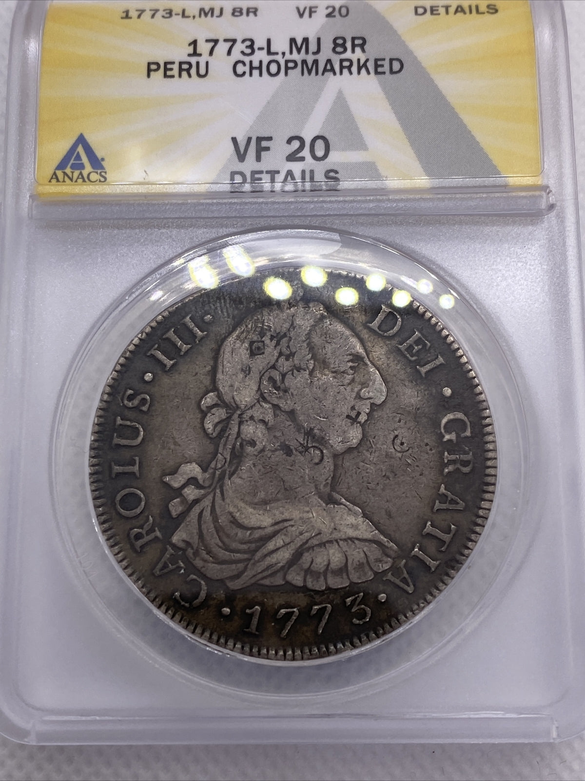 1773 8 Reales Lima Peru Chopmarks Anacs VF20 Details Carlos III (3) #560