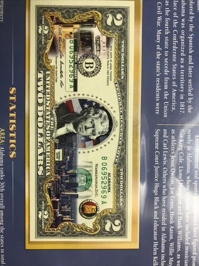COLORIZED $2 NOTE SET ALABAMA and MICHIGAN GENUINE LEGAL TENDER