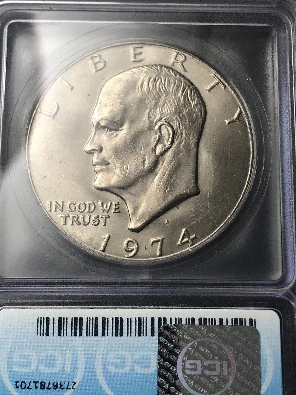 1974 D Eisenhower Dollar ICG MS64 Struck Through $1 Ike Dollar *HIGH GRADE ERROR