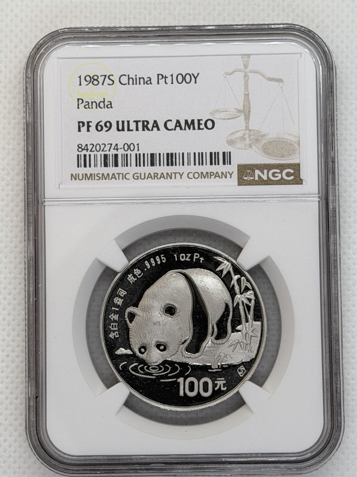 1987 100 Yuan 1 Oz .9995 China Platinum Proof Coin Panda NGC PF69 Ultra Cameo 01
