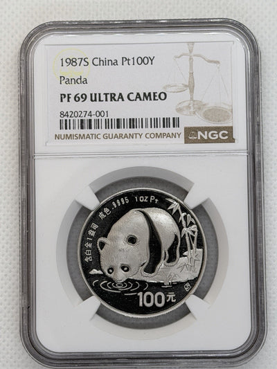 1987 100 Yuan 1 Oz .9995 China Platinum Proof Coin Panda NGC PF69 Ultra Cameo 01