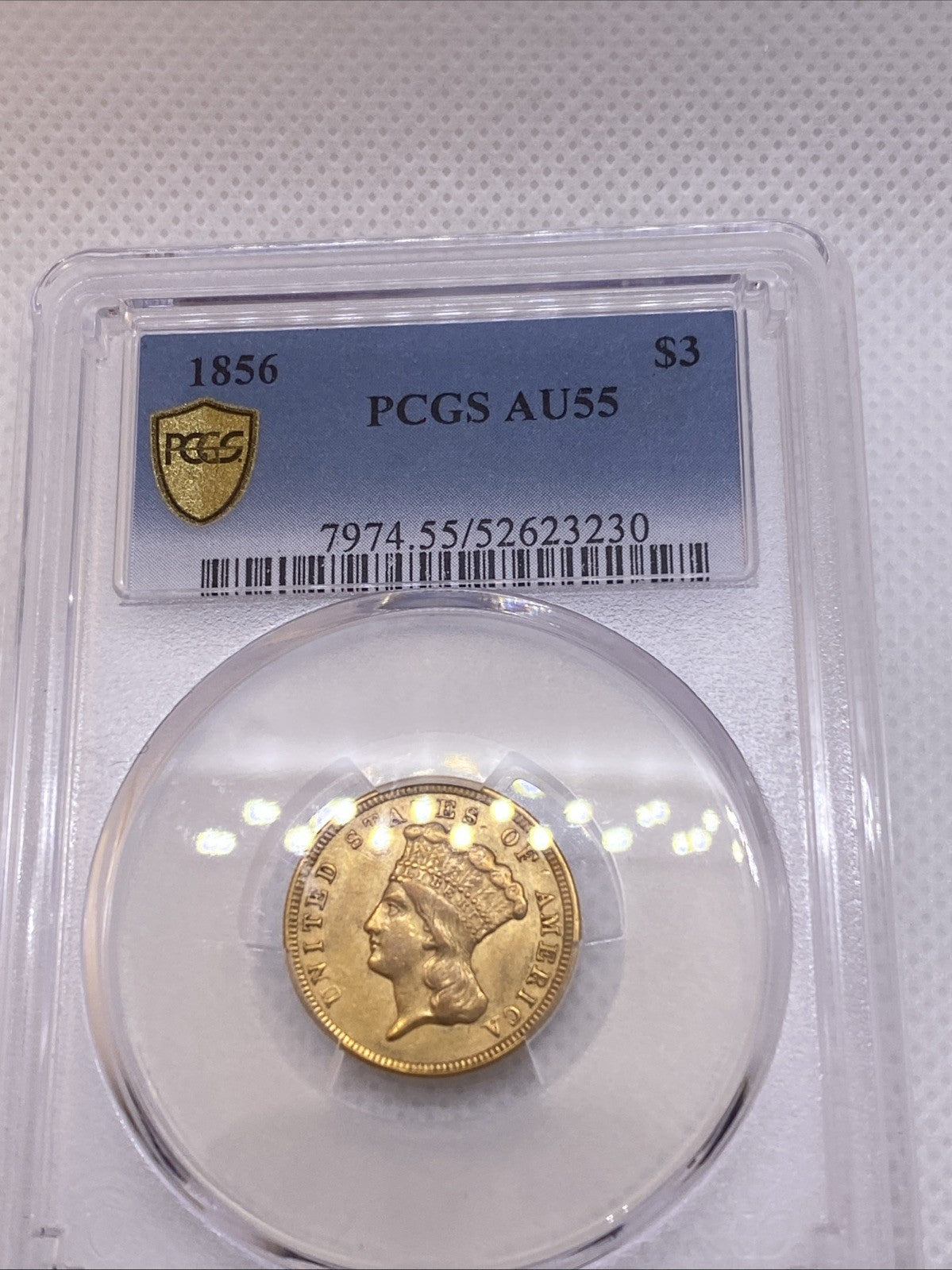 1856 $3 Gold Princess NGC AU55 Three Dollar Gold Piece RARE EARLY US GOLD