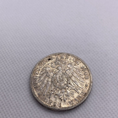 1909 F 3 Mark GERMAN States WURTTEMBERG WILHELM II 90% Silver Coin RARE #56644