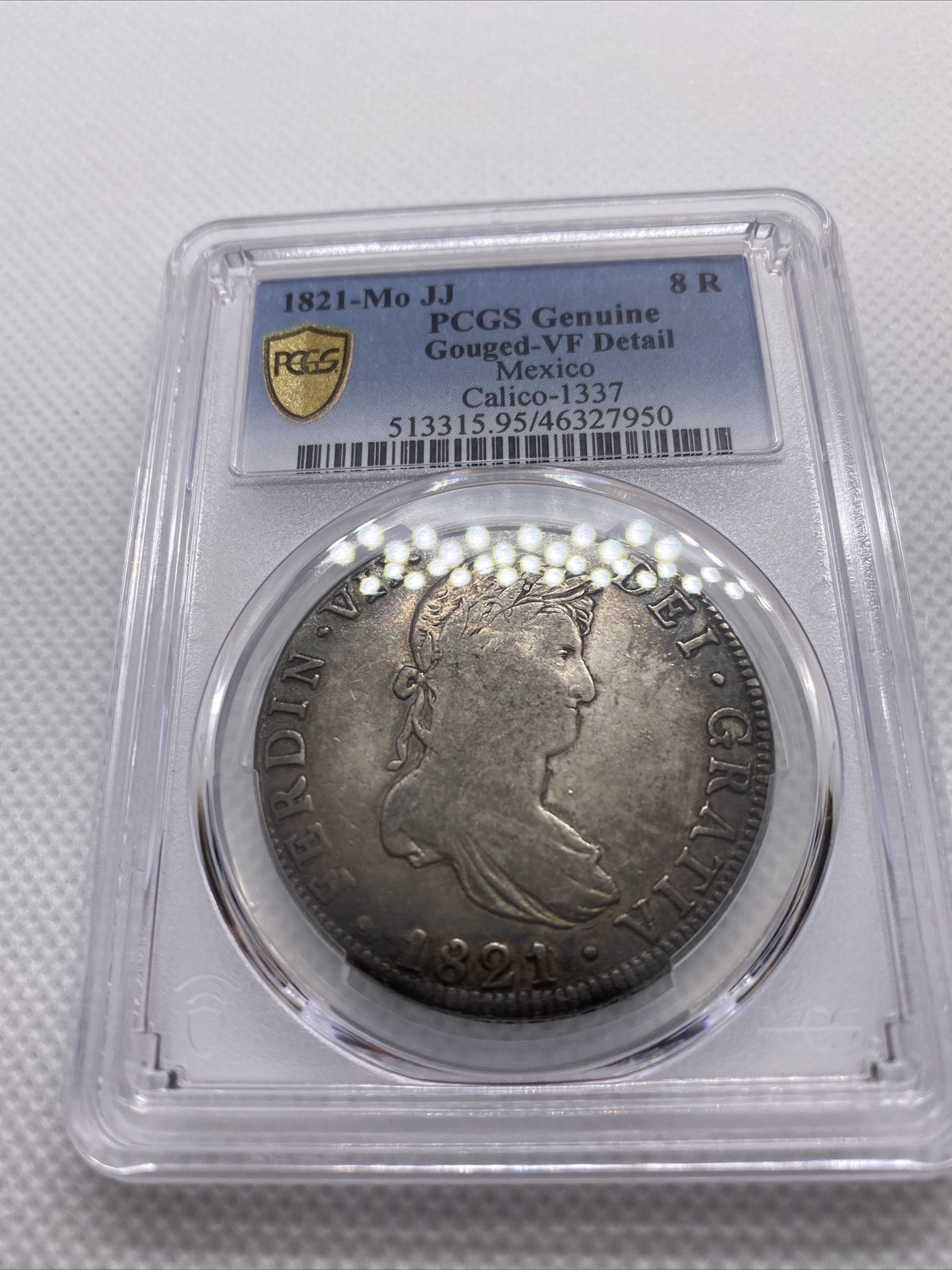 1821 Mo JJ Mexico 8 Reales Silver Ferdinand VII Calico-1337 PCGS VF Det #7950