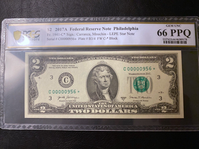 2017  $2 Star Note PCGS 66 PPQ 956* Star Two Dollars 3 Digits Lucky $2 Note HIGH