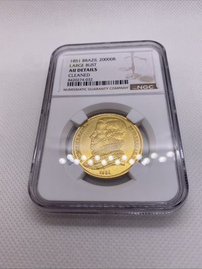 1851 Brazil 20000 Reis Large Bust NGC AU Det. Rio de Janeiro RARE