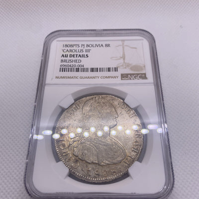 1808 PTS PJ SILVER CHARLES IIII 8 REALES BOLIVIA NGC AU VERY RARE AU #420-004