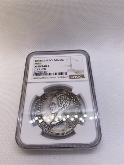1848 PTS M Potosi Mint Bolivia 8 Soles Silver NGC XF Det Cleaned Silver Coin