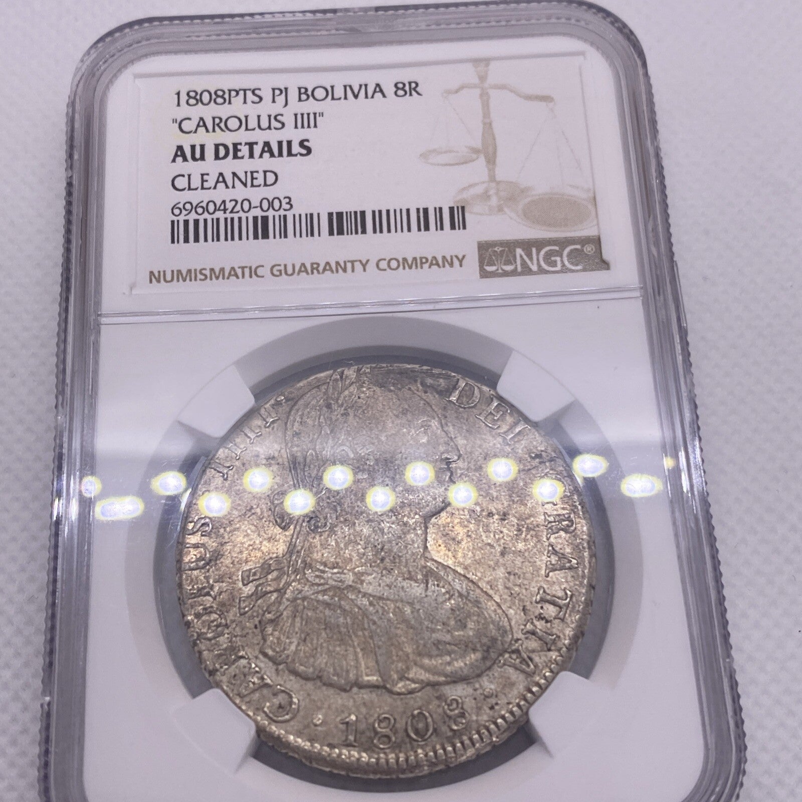 1808 PTS PJ SILVER CHARLES IIII 8 REALES BOLIVIA NGC AU VERY RARE AU #420-003