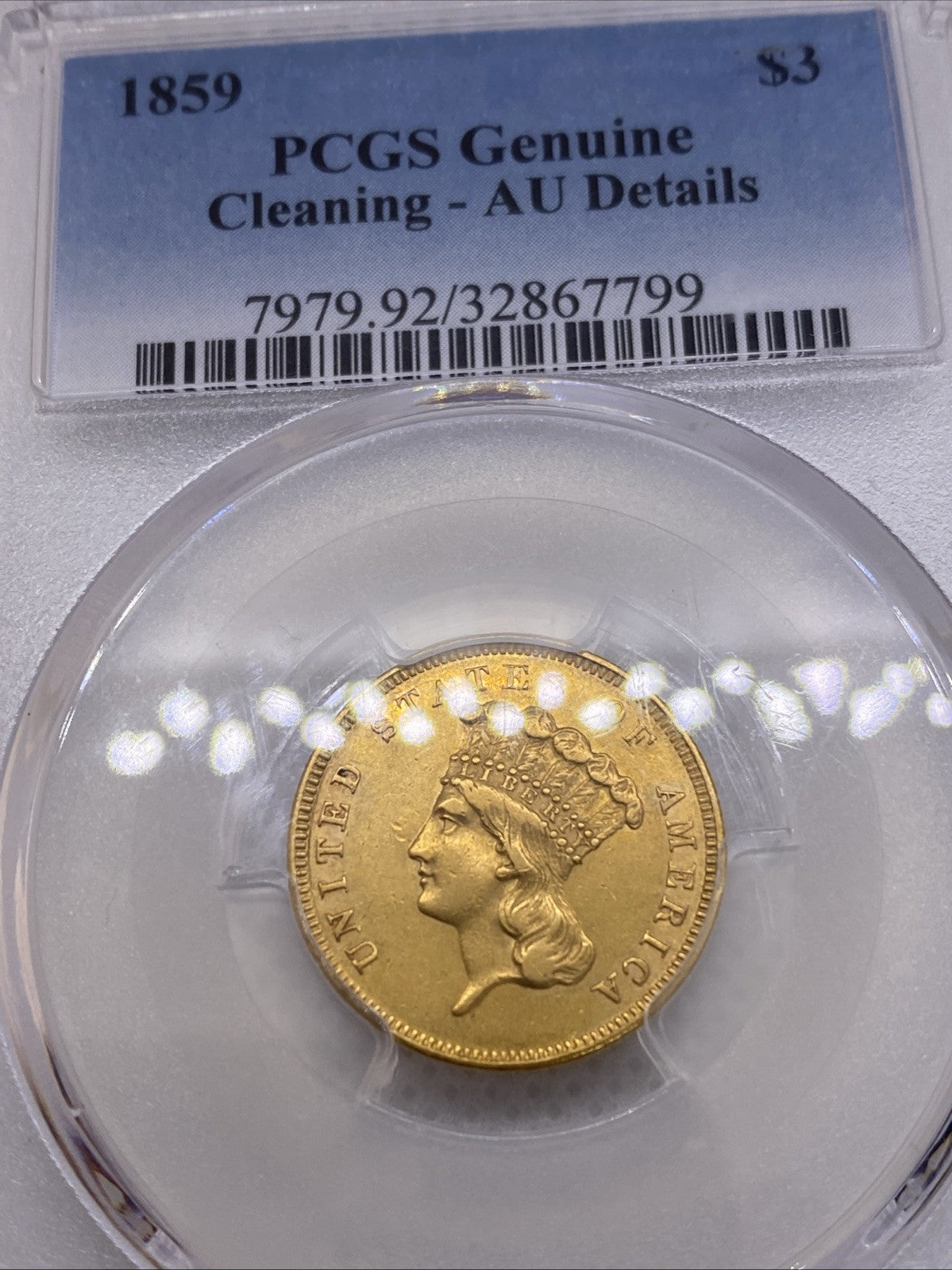 1859 Three Dollar Indian Gold Coin $3 NGC AU Details RARE