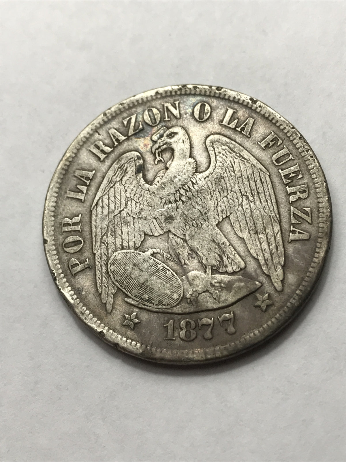 1877 Chile Silver Peso Un Peso - Republica De Chile KM#142.1