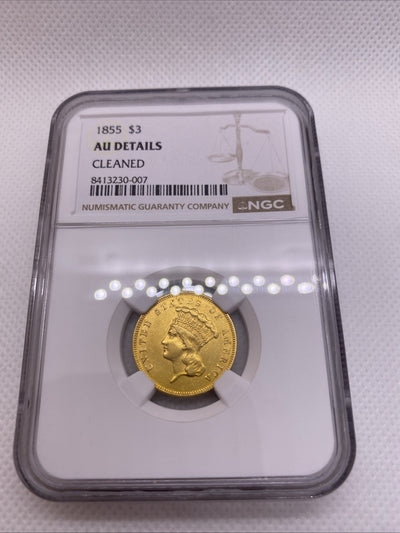 1855 Three Dollar Indian Gold Coin $3 NGC AU Details RARE