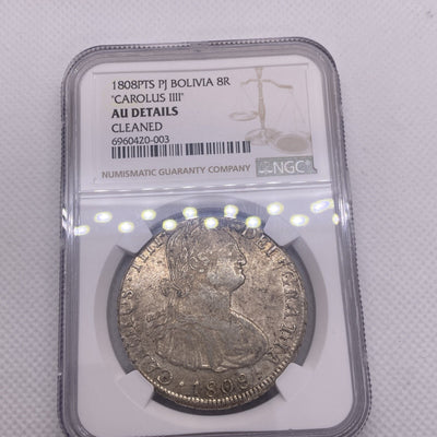 1808 PTS PJ SILVER CHARLES IIII 8 REALES BOLIVIA NGC AU VERY RARE AU #420-003
