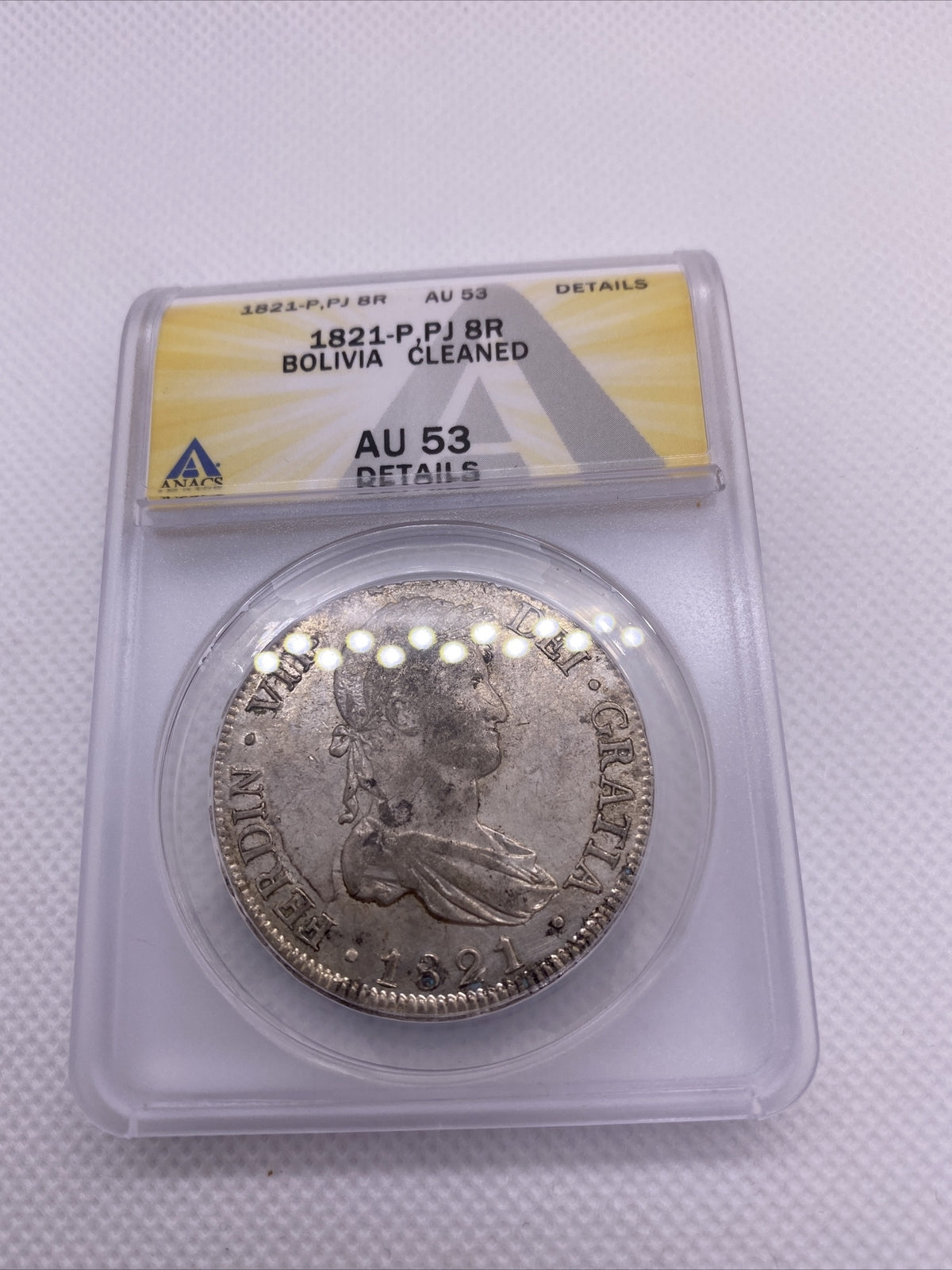 1821 PTS 8 Reales Bolivia Ferdinand VII Silver Anacs AU53 Details Silver #554