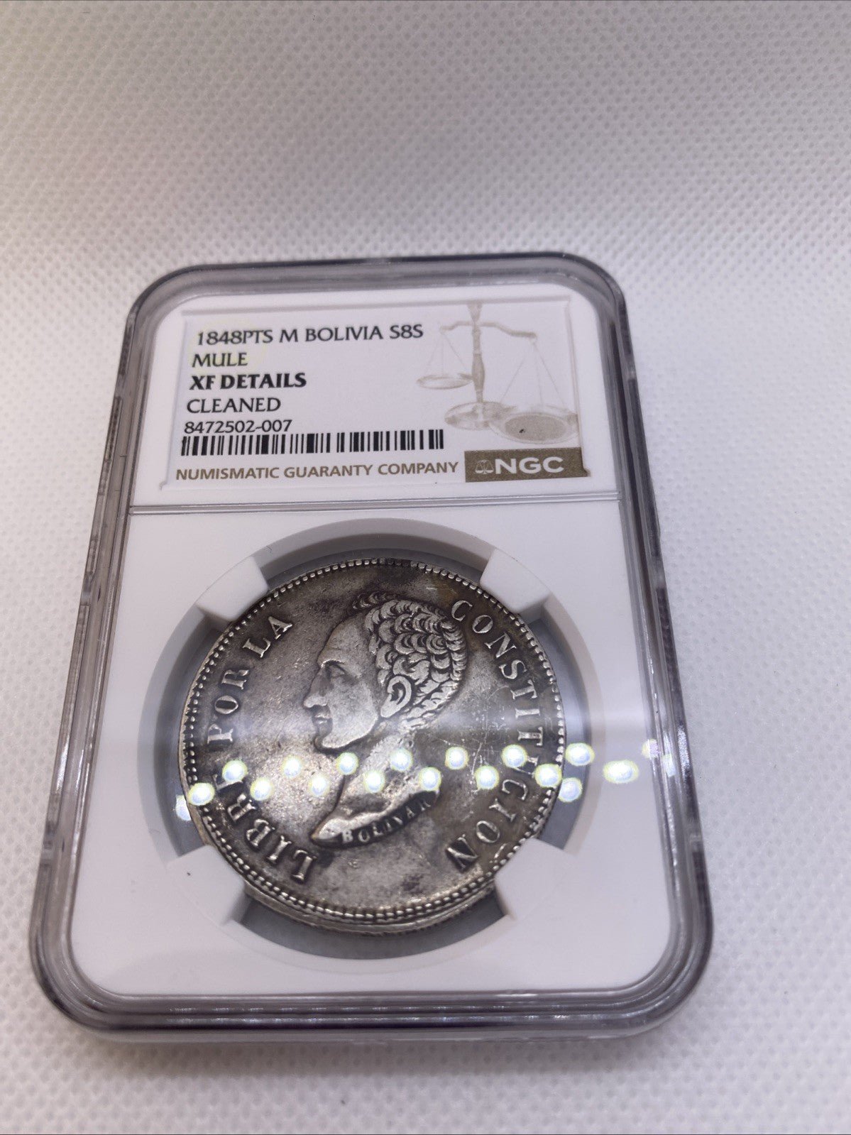 1848 PTS M Potosi Mint Bolivia 8 Soles Silver NGC XF Det Cleaned Silver Coin