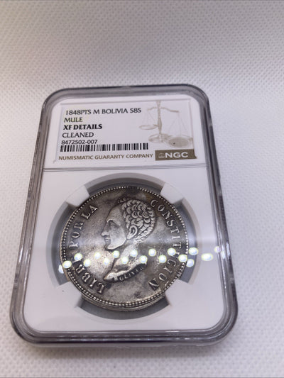 1848 PTS M Potosi Mint Bolivia 8 Soles Silver NGC XF Det Cleaned Silver Coin