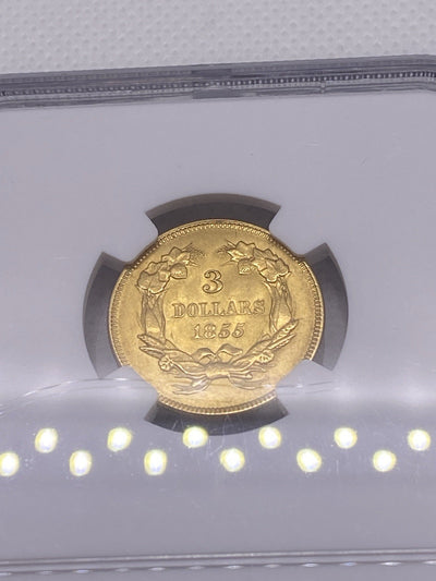 1855 $3 Three Dollar Gold Coin NGC UNC Beautiful Original Early US Gold Rare