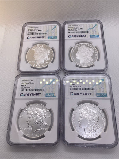 2023 $1 MORGAN & PEACE SILVER DOLLAR 4 COIN SET NGC MS 70 PF 70 FDOI