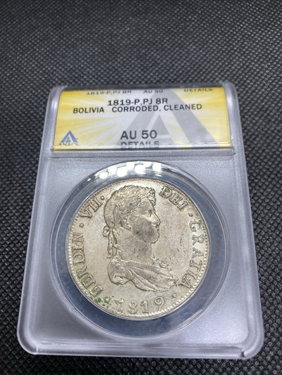 1819 PTS PJ Bolivia Silver 8R 8 Reales AU 50 Details Anacs Silver Potosi #556