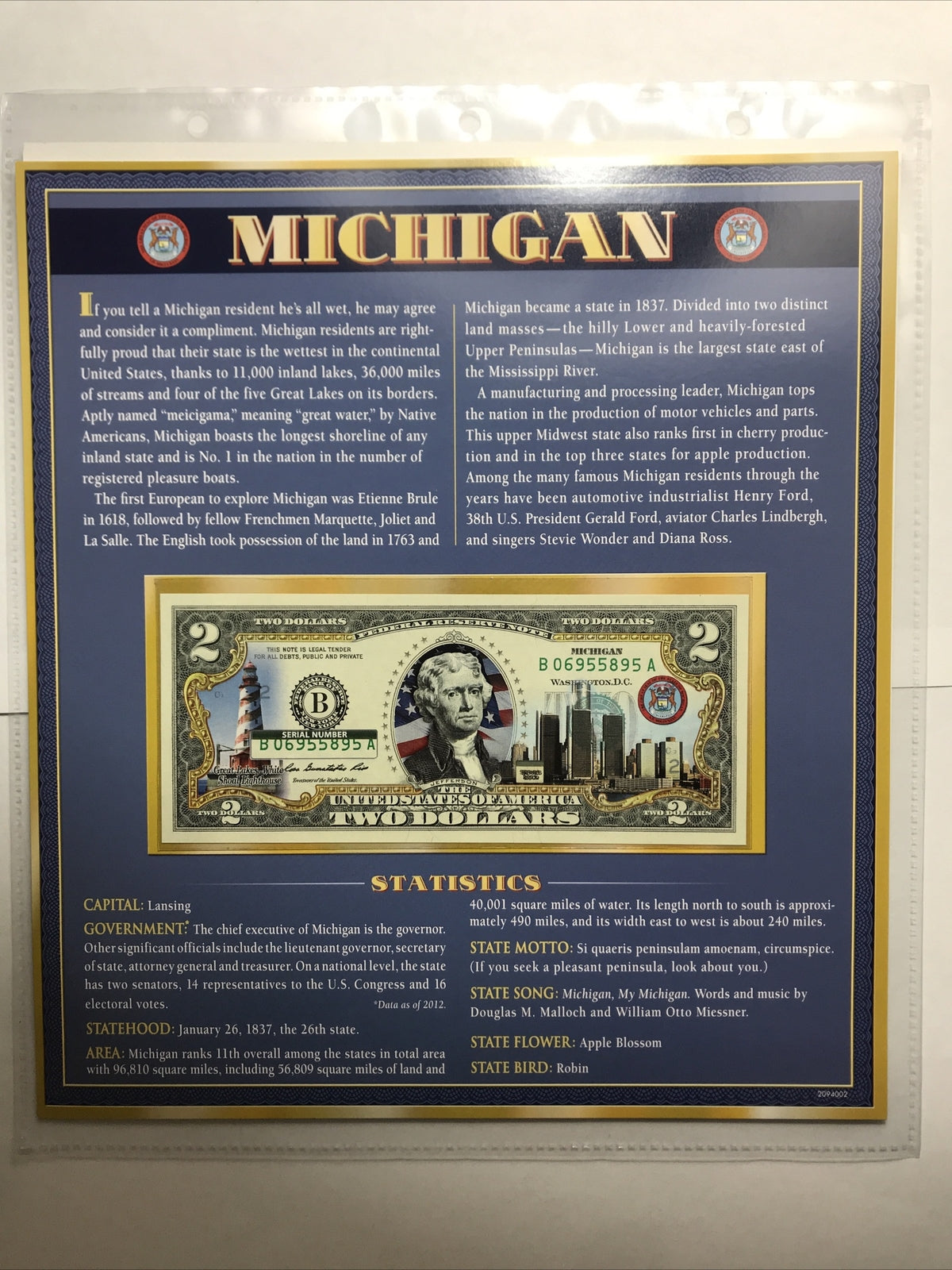 COLORIZED $2 NOTE SET ALABAMA and MICHIGAN GENUINE LEGAL TENDER