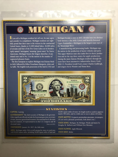 COLORIZED $2 NOTE SET ALABAMA and MICHIGAN GENUINE LEGAL TENDER