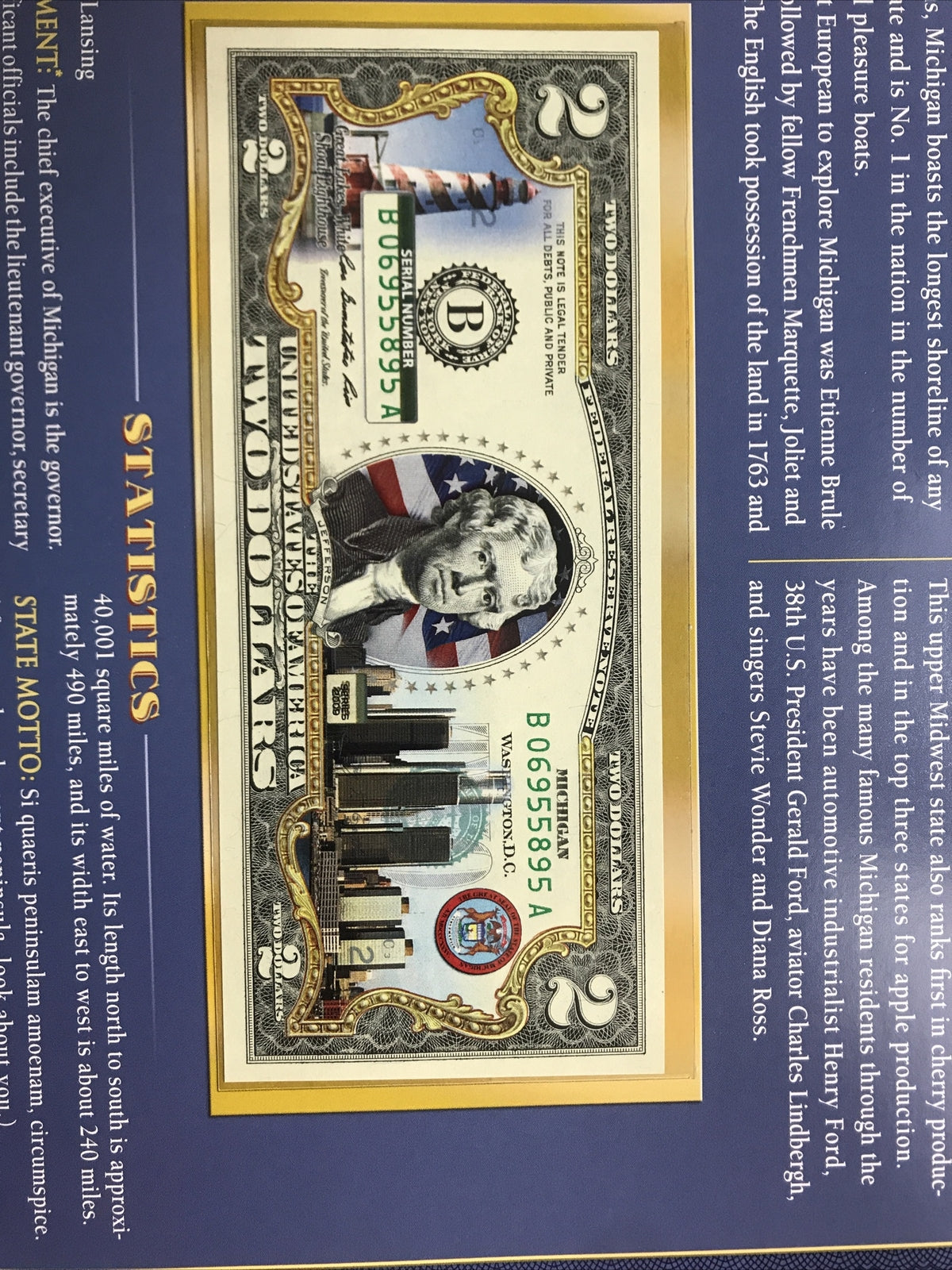 COLORIZED $2 NOTE SET ALABAMA and MICHIGAN GENUINE LEGAL TENDER