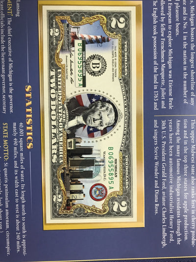COLORIZED $2 NOTE SET ALABAMA and MICHIGAN GENUINE LEGAL TENDER