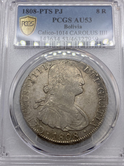 1808 PTS PJ 8 Reales  Carlos III Bolivia PCGS AU53 Calico-1014 Carolus IV #7959