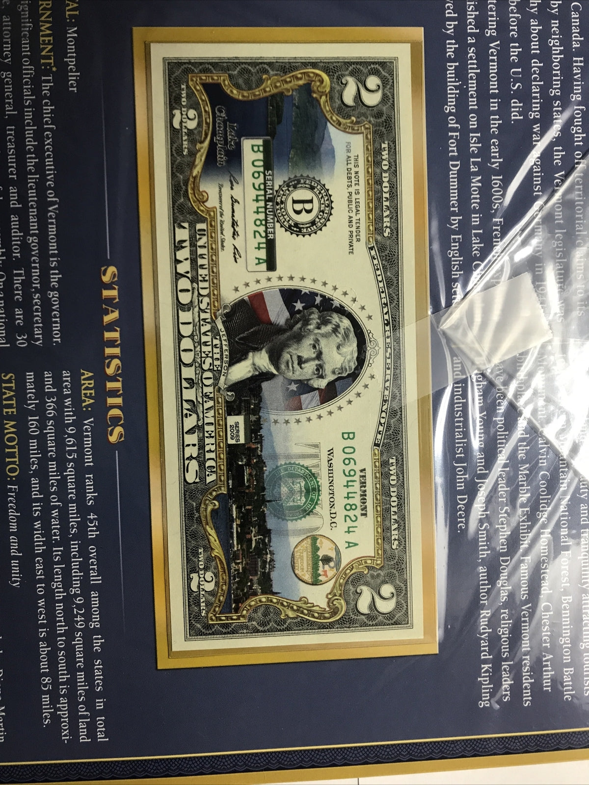COLORIZED $2 NOTE SET VERMONT and OKLAHOMA GENUINE LEGAL TENDER