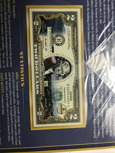 COLORIZED $2 NOTE SET VERMONT and OKLAHOMA GENUINE LEGAL TENDER