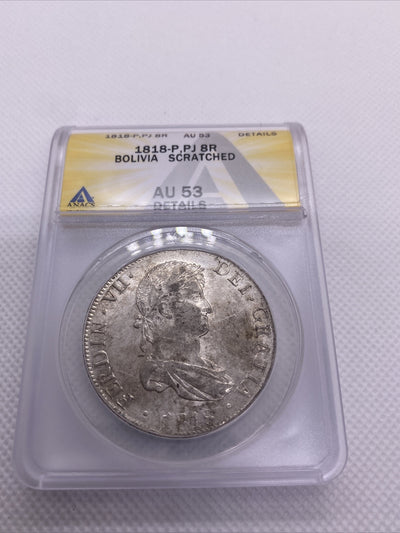 1818 PTS PJ Bolivia Silver 8R 8 Reales AU 53 Details Anacs Silver Potosi #566