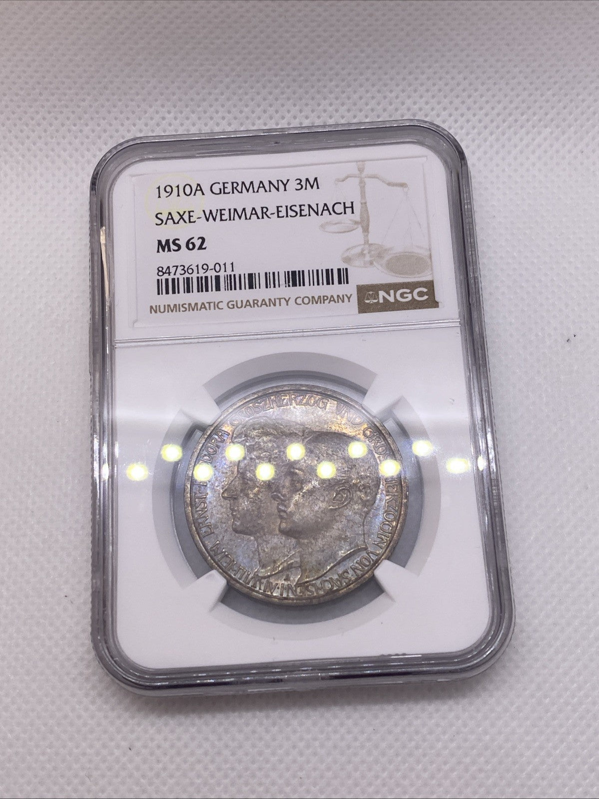 1910A 3M SAXE WEIMAR EISENACH 3 Marks German Wedding NGC MS 62 Silver Toned