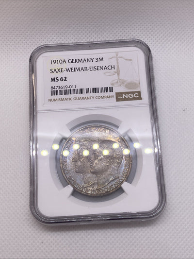 1910A 3M SAXE WEIMAR EISENACH 3 Marks German Wedding NGC MS 62 Silver Toned