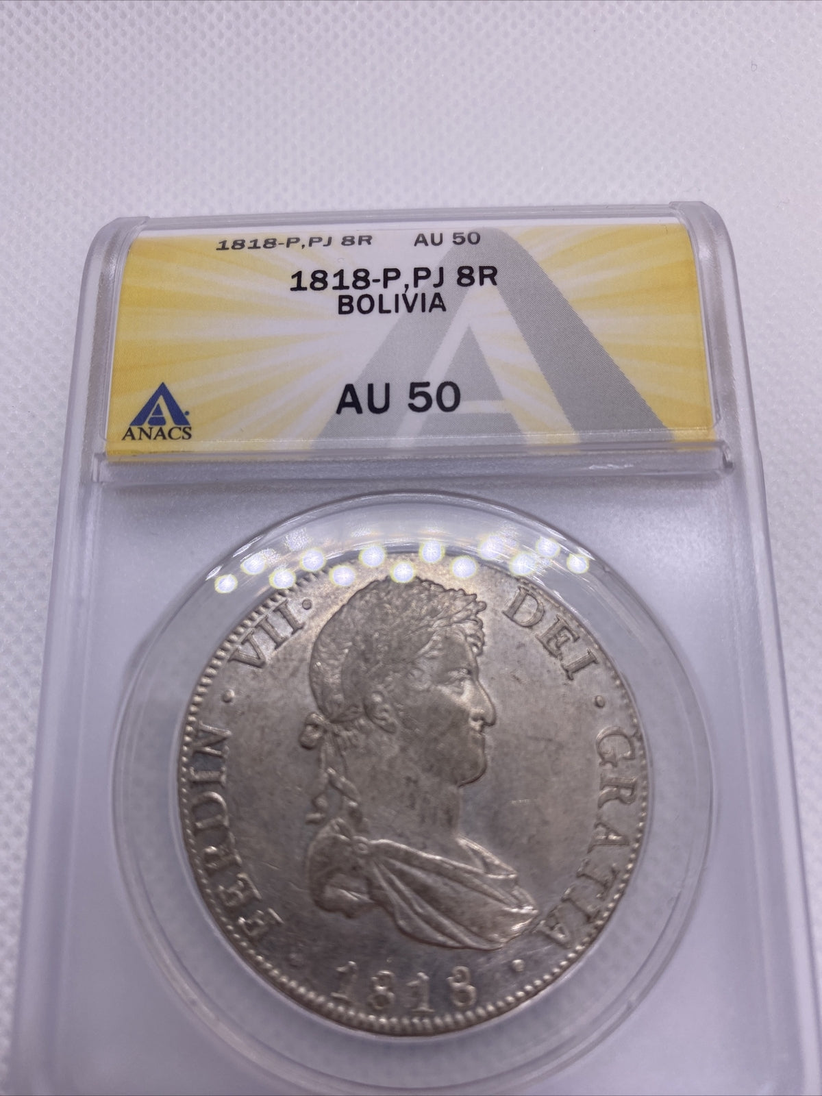 1818 PTS PJ Bolivia Silver 8R 8 Reales AU 50 Anacs Silver Potosi Mint #559
