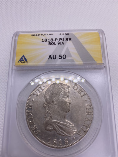1818 PTS PJ Bolivia Silver 8R 8 Reales AU 50 Anacs Silver Potosi Mint #559