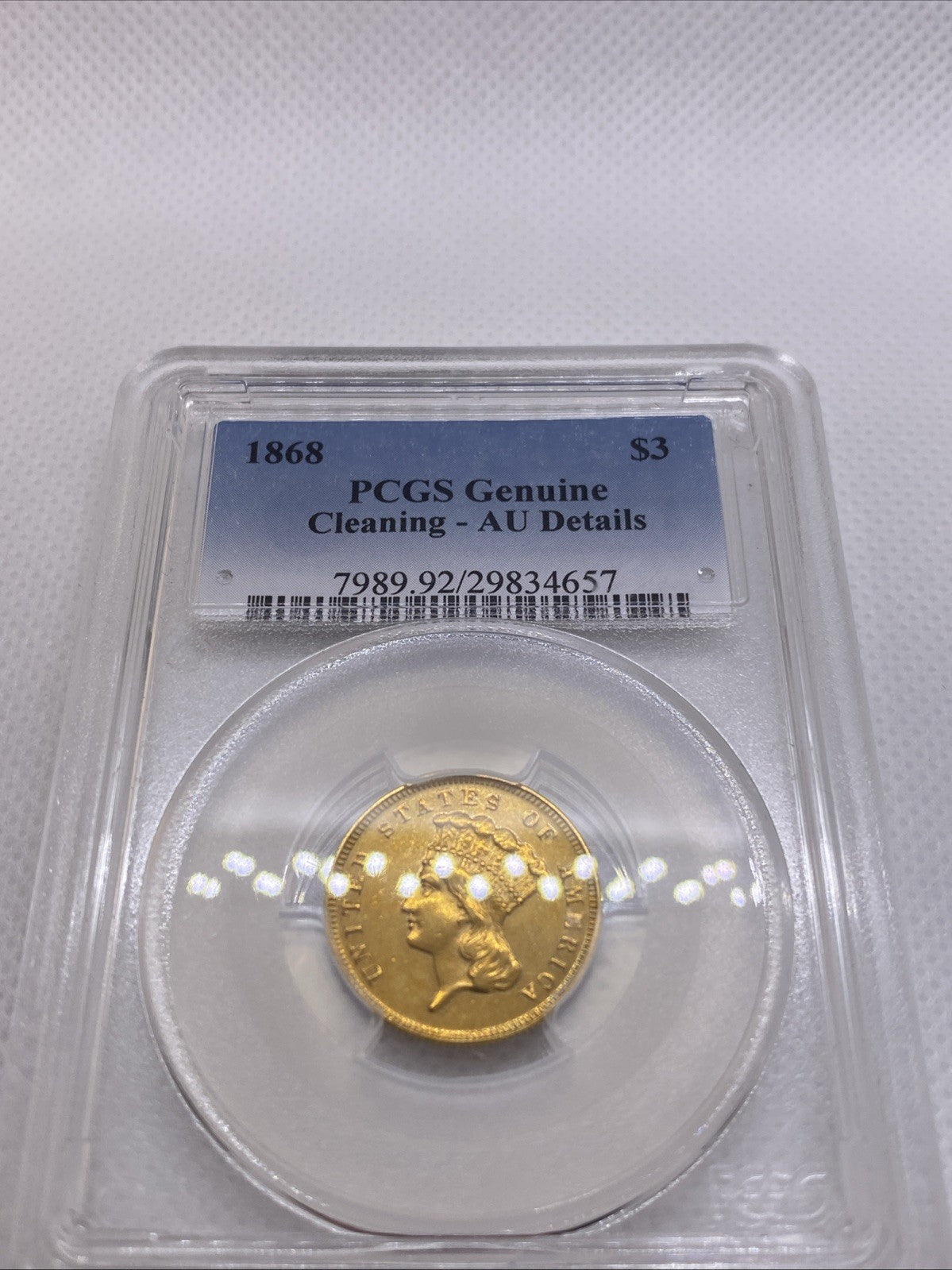 1868 $3 Three Dollar Indian Gold Coin PCGS AU Detail RARE LOW Mintage
