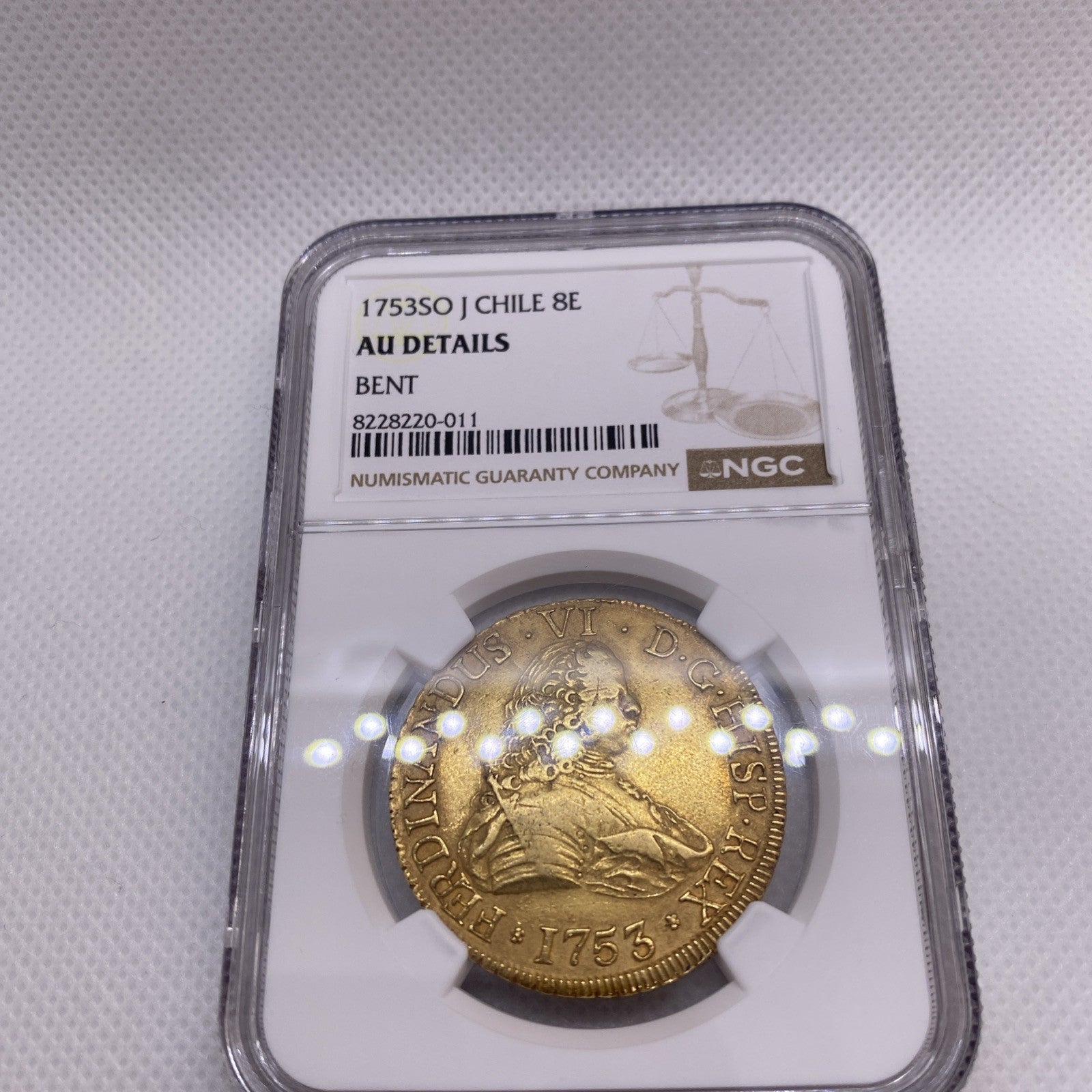 1753 SO J Chile 8 Escudos Gold Coin NGC AU Graded RARE