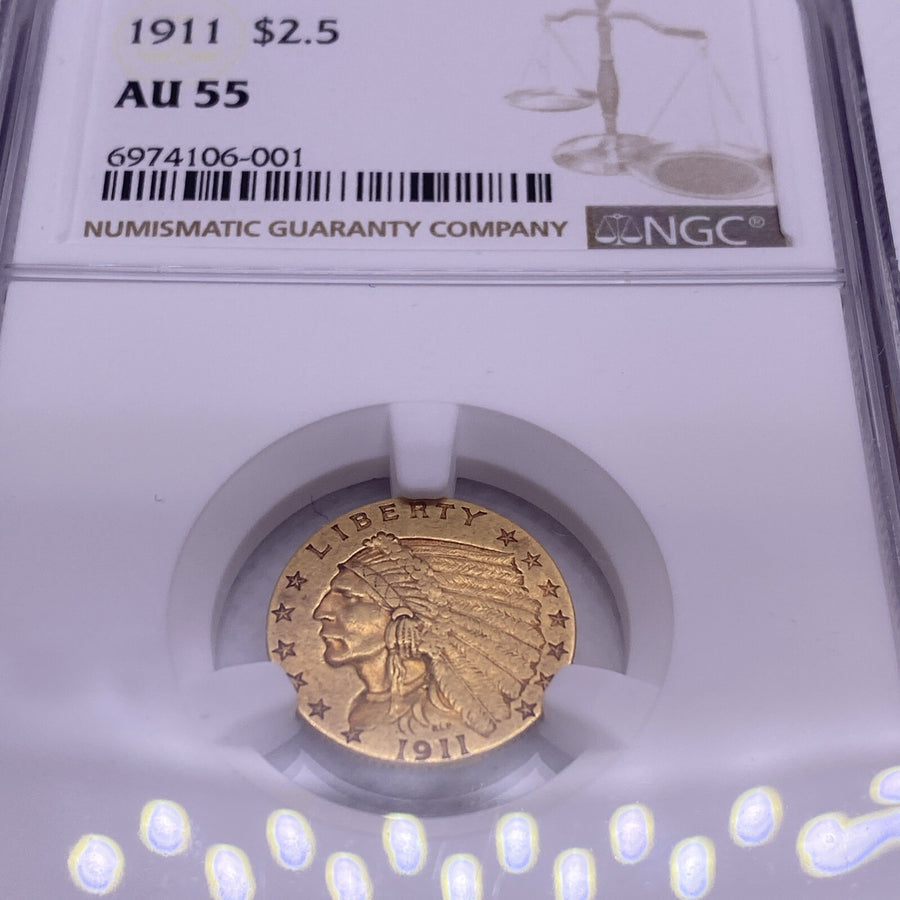 1911 $2.5 Gold Indian Head Gold Coin NGC AU55