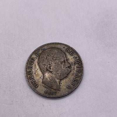 1887  ITALY SILVER ONE 1 LIRA UMBERTO COIN Silver Coin #943-10