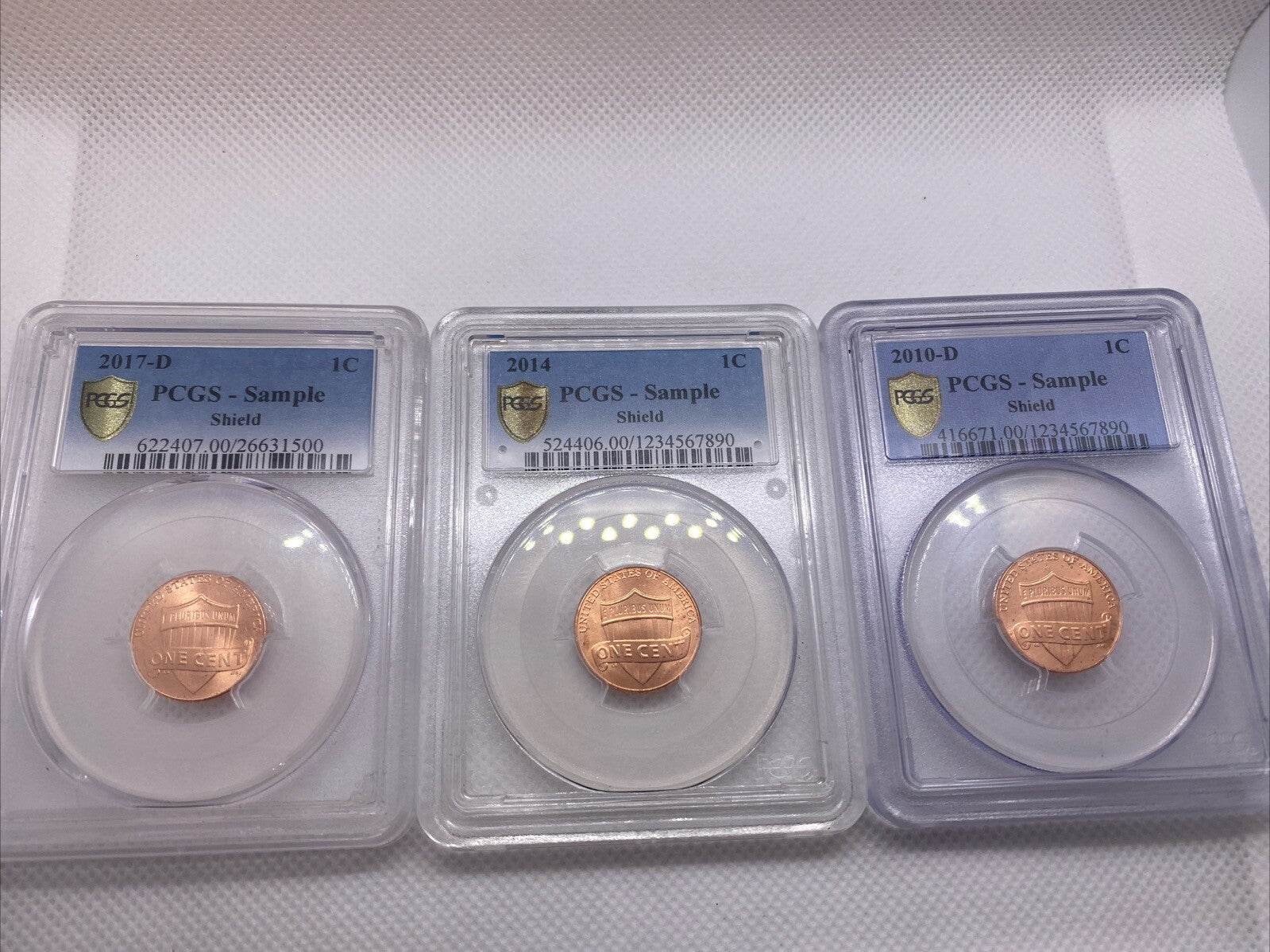PCGS Sample Slabs  2010 D, 2014 P, 2017 D Lincoln Shield Cent THREE SAMPLE SLABS
