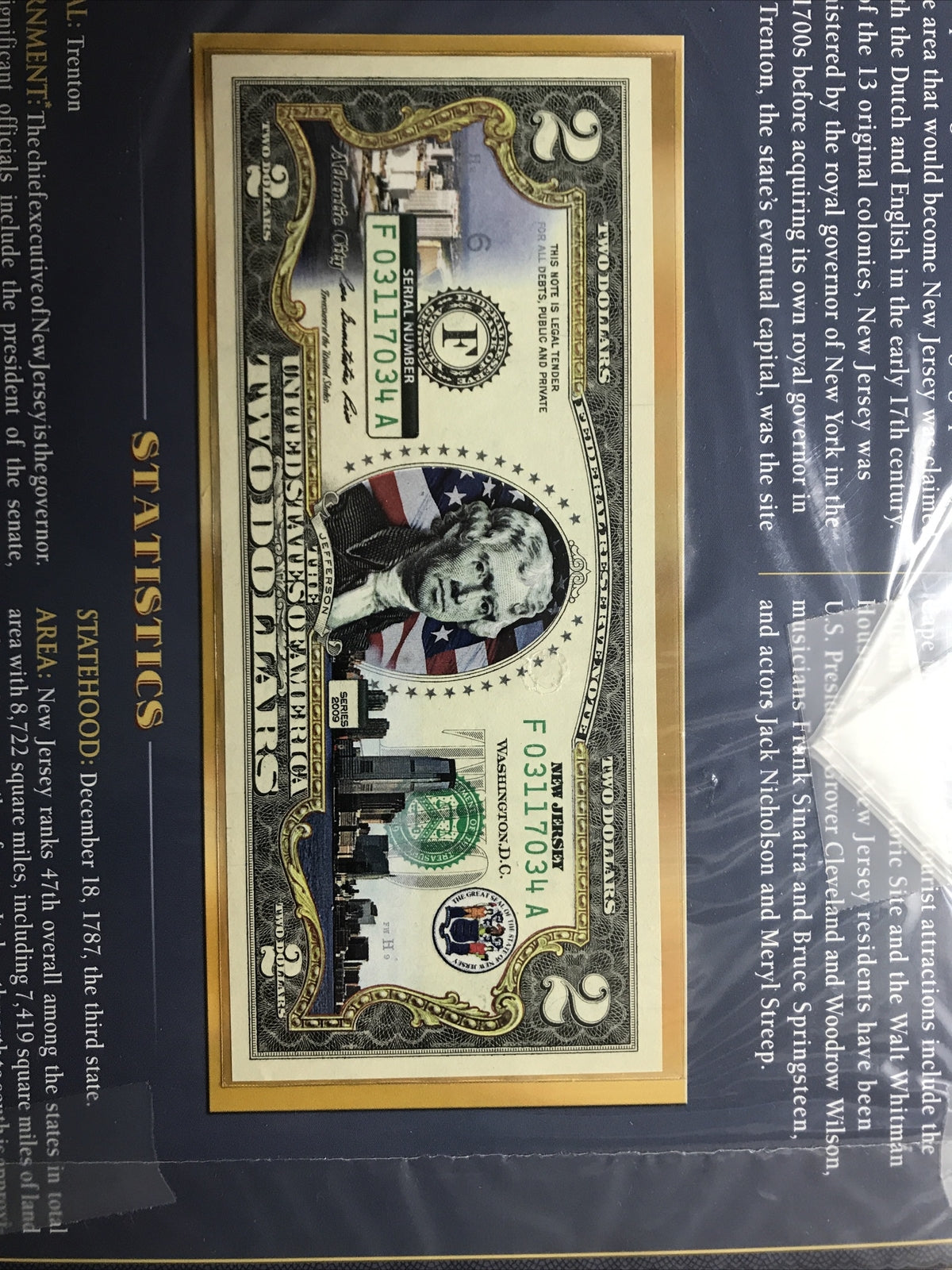 COLORIZED $2 NOTE SET NEW JERSEY and NEW MEXICO GENUINE LEGAL TENDER
